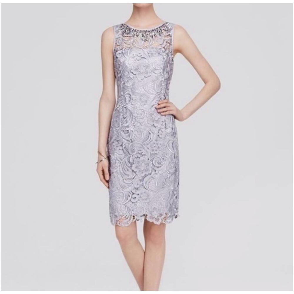Adrianna Papell Rhinestone Floral Lace Overlay Sheath Dress in Silver Gold